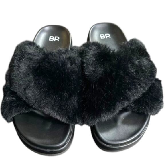 BP Women's Black Faux Fur Fuzzy Plush Slide Slippers Size 7 - Picture 1 of 4